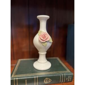 Rare Vintage Brenda Holzke White Vase With Hand Applied Pink Floral Design
